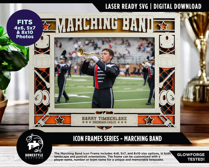 Marching Band Icon Frames - Includes Frame Sizes 4x6, 5x7, 8x10 in Landscape and Portrait - Works with all Lasers