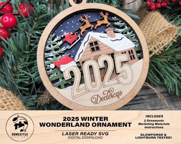 2025 Winter Wonderland Ornament - Engraved and cut backer - Includes Custom area - SVG, PDF, AI Files - Works on all Lasers