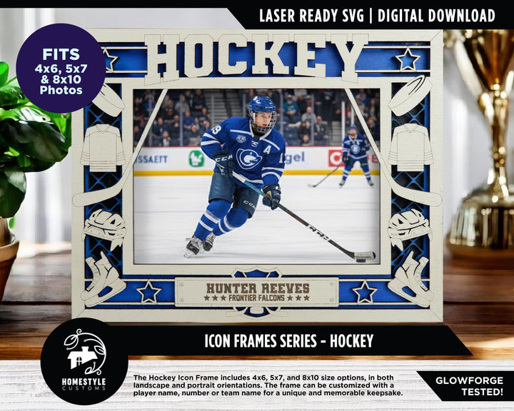 Hockey Icon Frames - Includes Frame Sizes 4x6, 5x7, 8x10 in Landscape and Portrait - Works with all Lasers