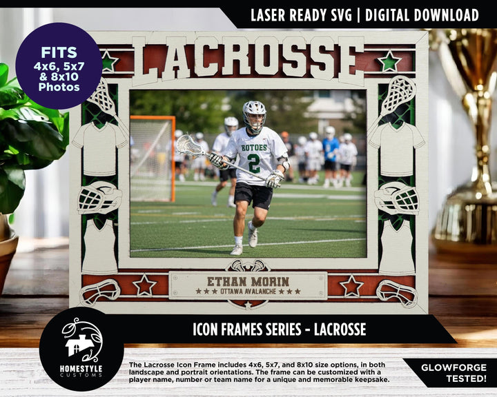 Lacrosse Icon Frames - Includes Frame Sizes 4x6, 5x7, 8x10 in Landscape and Portrait - Works with all Lasers
