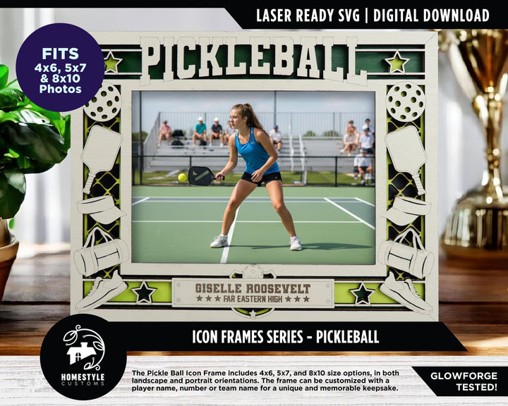 Pickleball Icon Frames - Includes Frame Sizes 4x6, 5x7, 8x10 in Landscape and Portrait - Works with all Lasers