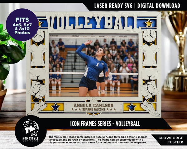 Volleyball Icon Frames - Includes Frame Sizes 4x6, 5x7, 8x10 in Landscape and Portrait - Works with all Lasers