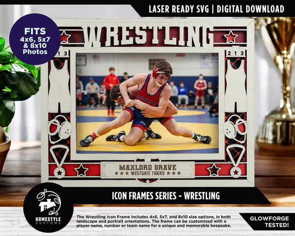 Wrestling Icon Frames - Includes Frame Sizes 4x6, 5x7, 8x10 in Landscape and Portrait - Works with all Lasers