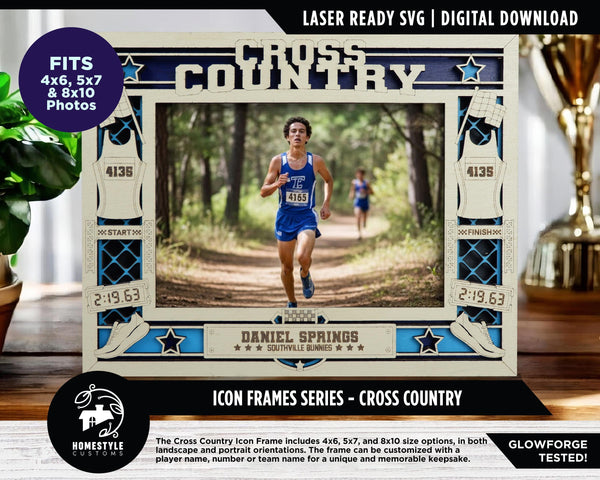 Cross Country Running Icon Frames - Includes Frame Sizes 4x6, 5x7, 8x10 in Landscape and Portrait - Works with all Lasers