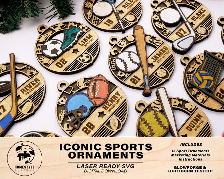 Iconic Sports Ornaments - Includes 13 Popular Sports - SVG, PDF, AI Files - Works on all Lasers