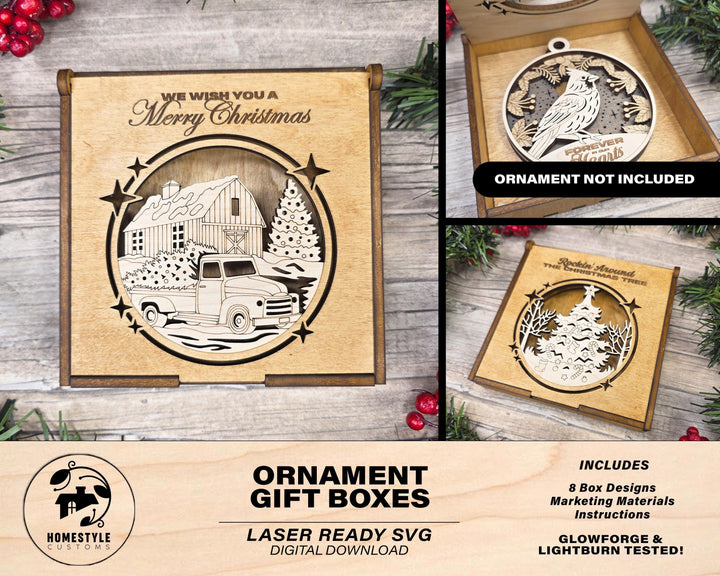 Ornament Gift Boxes - 8 Designs - Fits all wood thicknesses - SVG, PDF, AI Files - Works on all Lasers