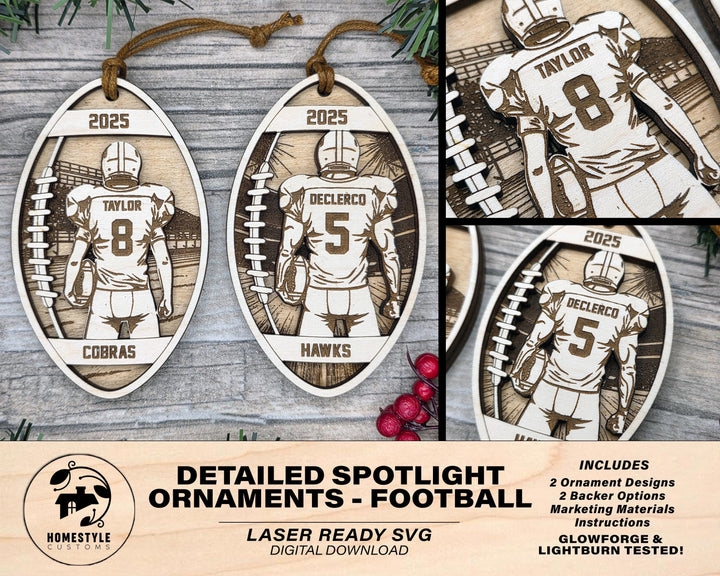 Detailed Football Spotlight Ornaments - Youth and Adult Options - SVG, PDF, AI File Download - Works with all Laser Types