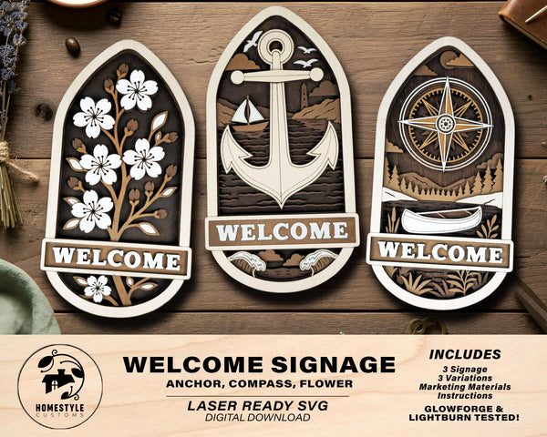 Welcome Door Hanger Signage - Anchor, Compass, Flower - SVG, PDF, AI Files - Works on all Lasers
