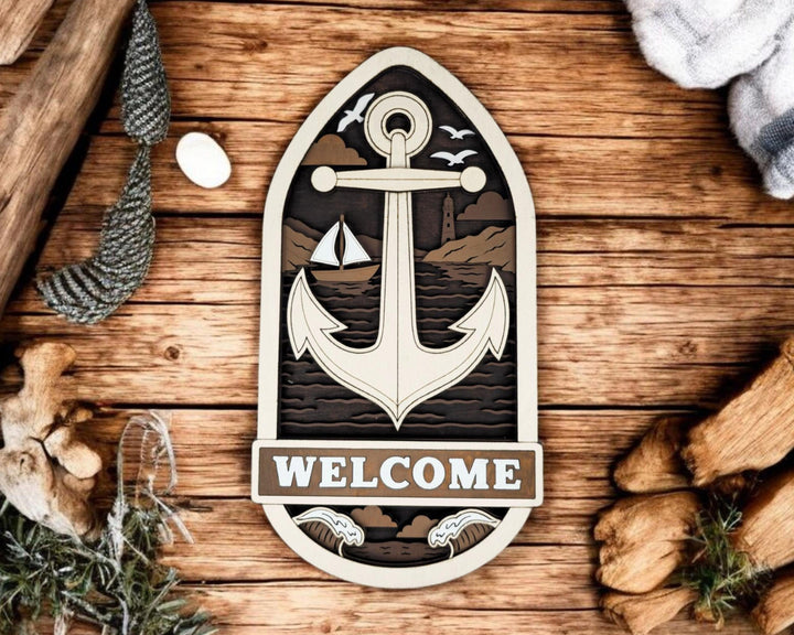 Welcome Door Hanger Signage - Anchor, Compass, Flower - SVG, PDF, AI Files - Works on all Lasers