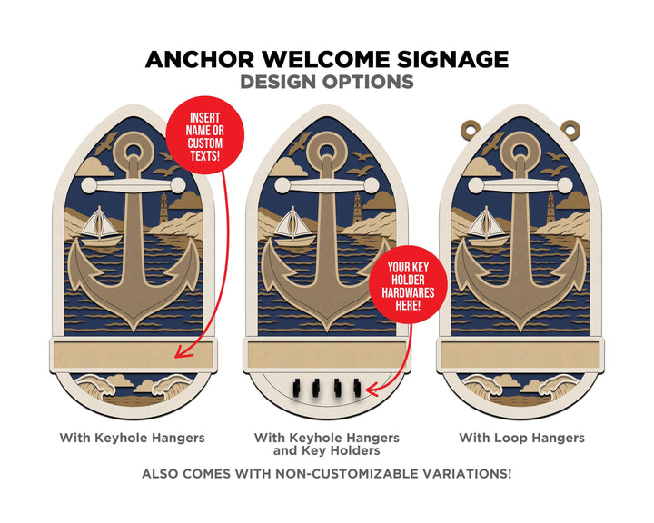 Welcome Door Hanger Signage - Anchor, Compass, Flower - SVG, PDF, AI Files - Works on all Lasers