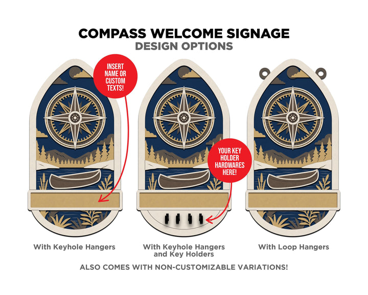 Welcome Door Hanger Signage - Anchor, Compass, Flower - SVG, PDF, AI Files - Works on all Lasers