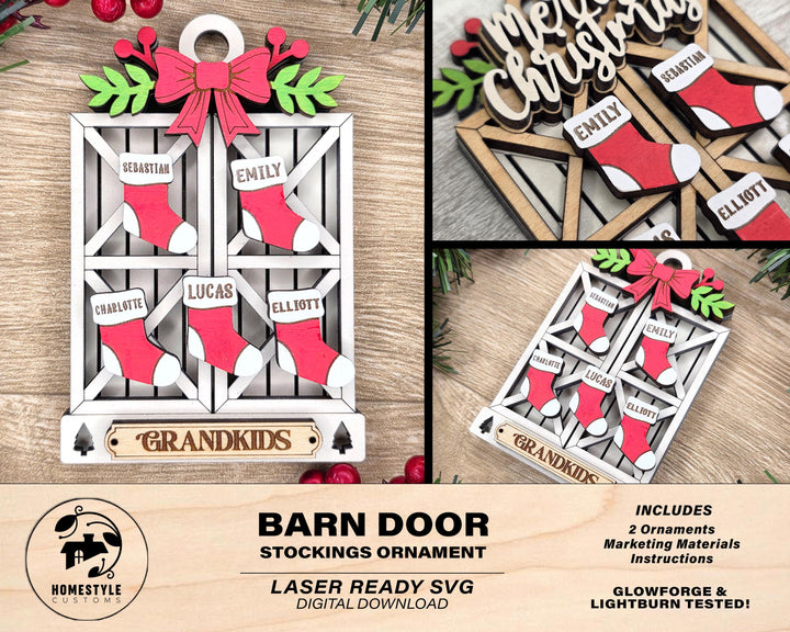 Barn Door Stocking Ornament - Add up to 8 Stockings - SVG, PDF, AI Files - Works on all Lasers