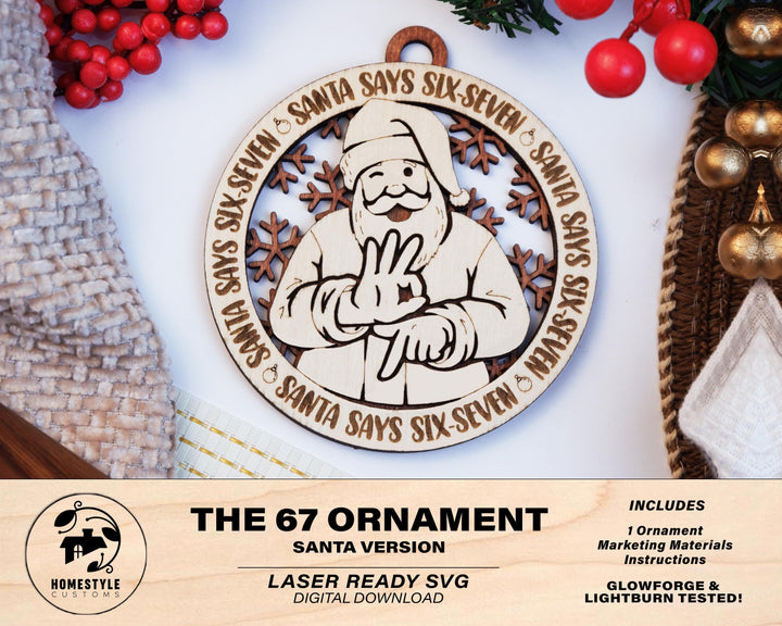 67 Six Seven Santa Ornament - With and Without Custom Name Plate - SVG, PDF, AI Files - Works on all Lasers