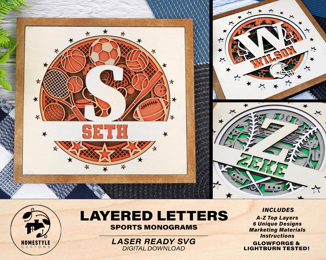 Layered Letters Sports Monograms - 6 Layered Sports Designs - SVG, PDF ...