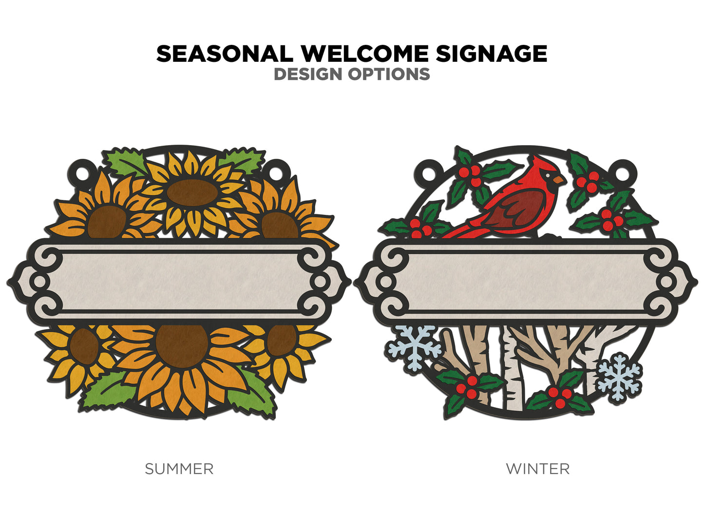 Seasonal Welcome Signage - Spring, Summer, Fall and Winter - 2 Variations, 5 sayings included for each - Tested on Glowforge & Lightburn