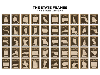 The State Frame Bundle - 50 States included each with 13 text options, 12 backgrounds and 25 icons - Glowforge & Lightburn Tested