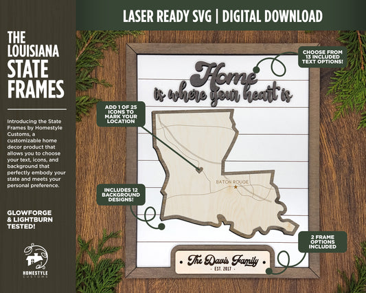 The Louisiana State Frame - 13 text options, 12 backgrounds, 25 icons Included - Make over 7,500 designs - Glowforge & Lightburn Tested