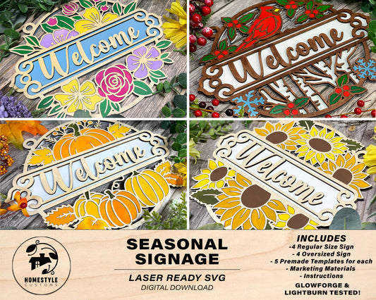 Seasonal Welcome Signage - Spring, Summer, Fall and Winter - 2 Variations, 5 sayings included for each - Tested on Glowforge & Lightburn