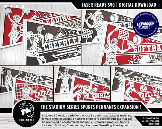 Stadium Series Sports Pennants Expansion 1 - 5 Sports - 60 Variations Included - Male and Female Options - Tested on Glowforge & Lightburn