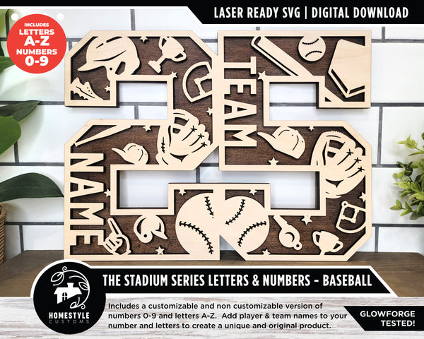 Stadium Series Letters and Numbers - Baseball - Customizable and Non Customizable options included - Tested on Glowforge & Lightburn