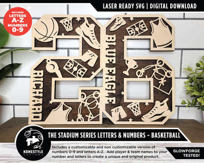 Stadium Series Letters and Numbers - Basketball - Customizable and Non Customizable options included - Tested on Glowforge & Lightburn