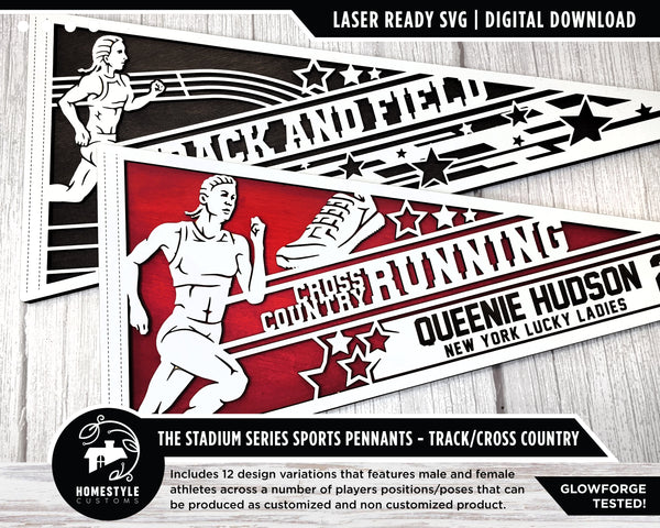 Stadium Series Sports Pennants - Track & Cross Country - 12 Variations Included - Male and Female Options - Tested on Glowforge & Lightburn