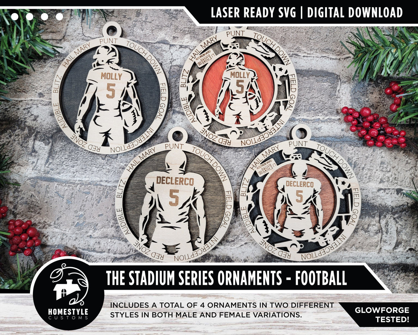 Football - Stadium Series Ornaments - 4 Unique designs - SVG, PDF, AI File Download - Sized for Glowforge