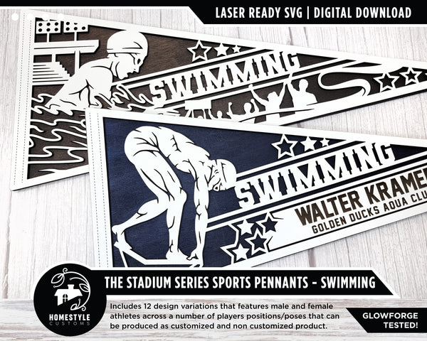 Stadium Series Sports Pennants - Swimming - 12 Variations Included - Male and Female Options - Tested on Glowforge & Lightburn