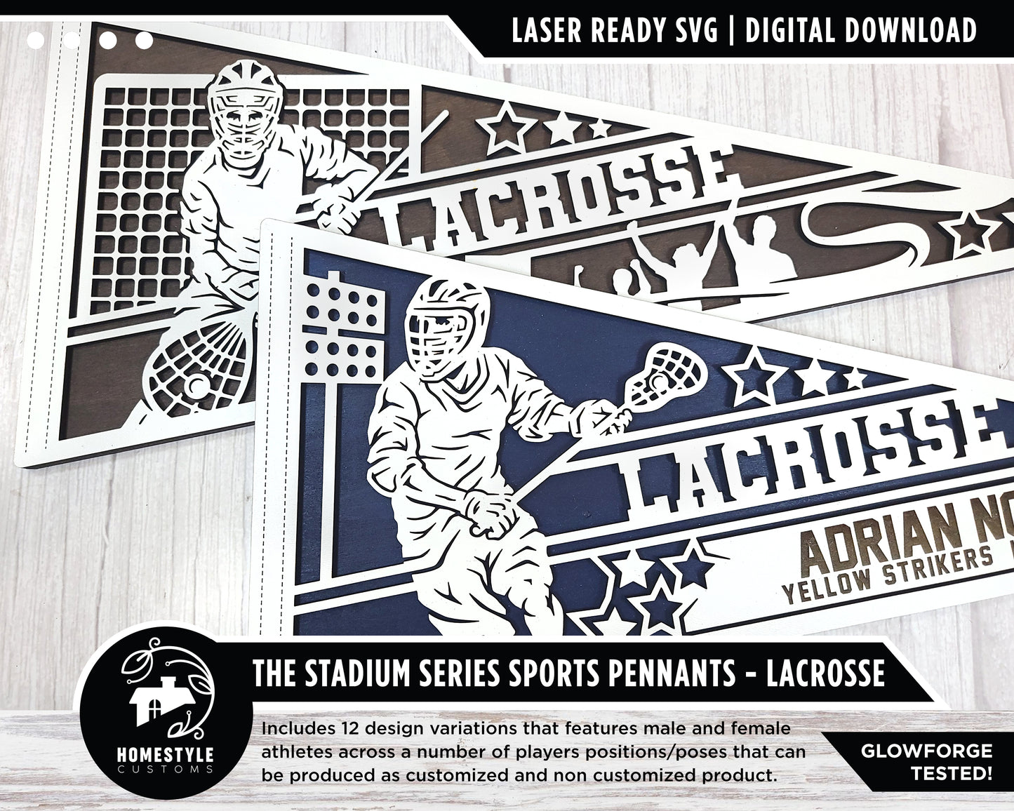 Stadium Series Sports Pennants - Lacrosse - 12 Variations Included - Male and Female Options - Tested on Glowforge & Lightburn