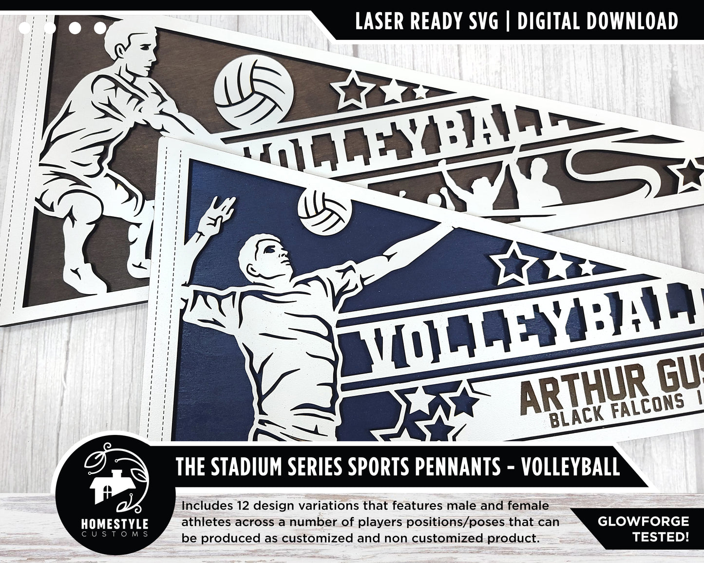 Stadium Series Sports Pennants - Volleyball - 12 Variations Included - Male and Female Options - Tested on Glowforge & Lightburn