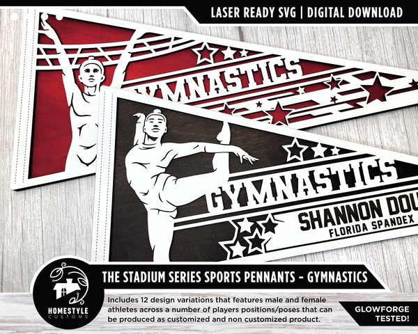 Stadium Series Sports Pennants - Gymnastics - 12 Variations Included - Male and Female Options - Tested on Glowforge & Lightburn