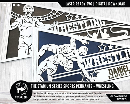 Stadium Series Sports Pennants - Wrestling - 12 Variations Included - Male and Female Options - Tested on Glowforge & Lightburn