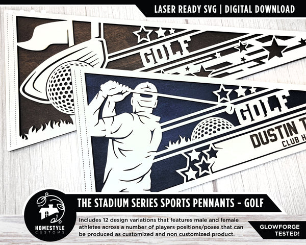Stadium Series Sports Pennants - Golf - 9 Variations Included - Male and Female Options - Tested on Glowforge & Lightburn