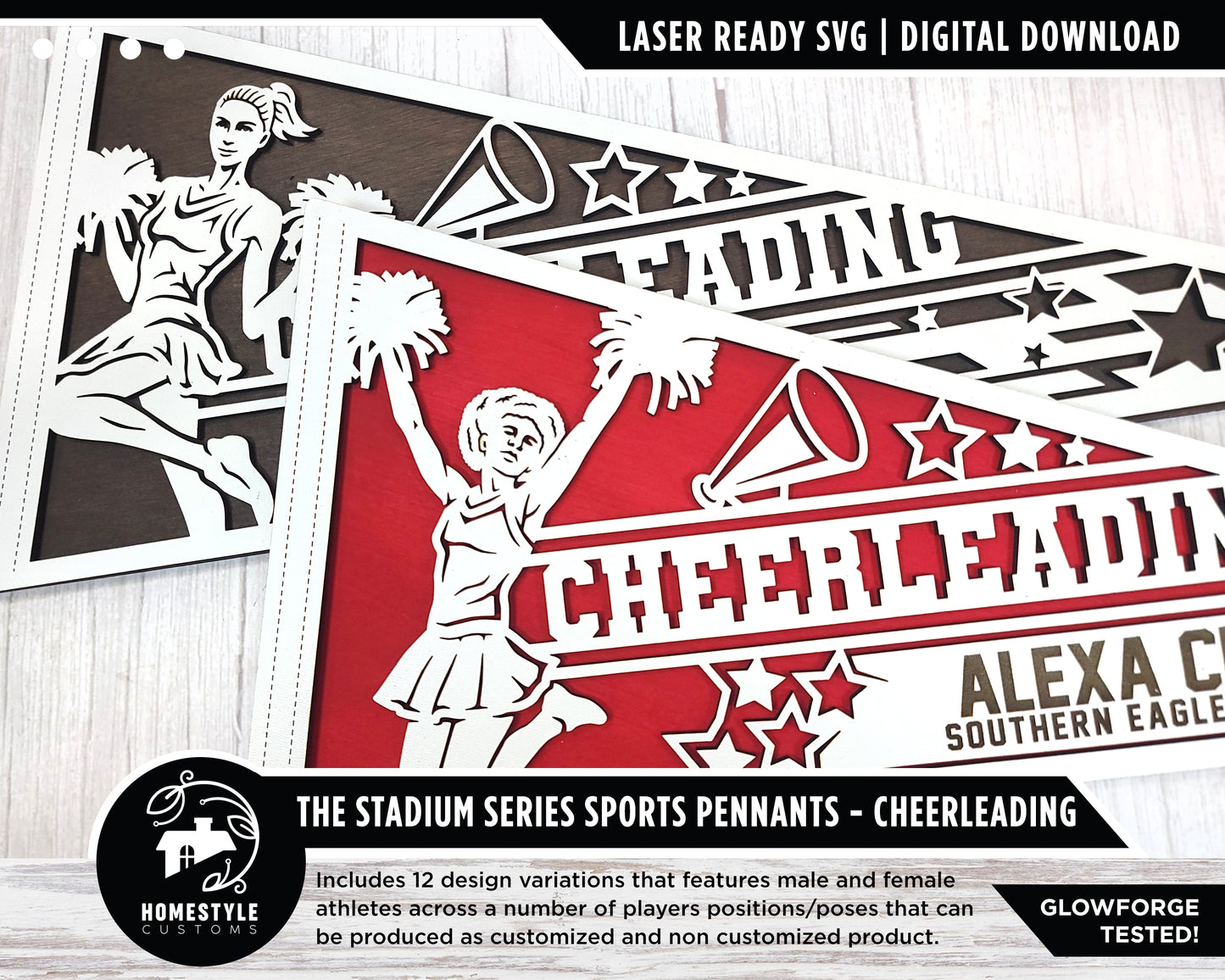 Stadium Series Sports Pennants - Cheerleading - 12 Variations Included - Male and Female Options - Tested on Glowforge & Lightburn