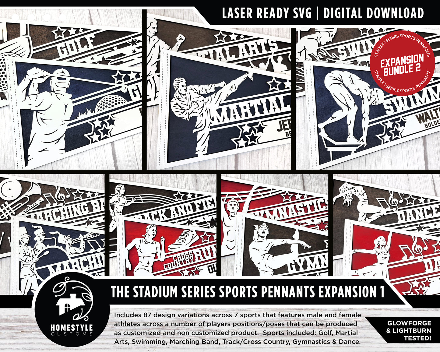 Stadium Series Sports Pennants Expansion 2 - 7 Sports - 87 Variations Included - Male and Female Options - Tested on Glowforge & Lightburn