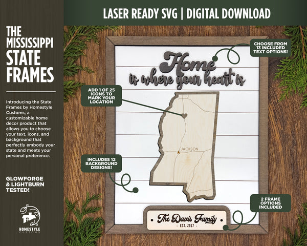 The Mississippi State Frame - 13 text options, 12 backgrounds, 25 icons Included - Make over 7,500 designs - Glowforge & Lightburn Tested
