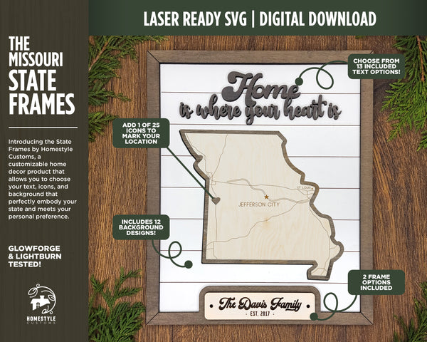 The Missouri State Frame - 13 text options, 12 backgrounds, 25 icons Included - Make over 7,500 designs - Glowforge & Lightburn Tested