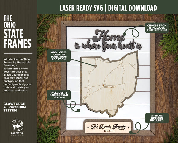 The Ohio State Frame - 13 text options, 12 backgrounds, 25 icons Included - Make over 7,500 designs - Glowforge & Lightburn Tested