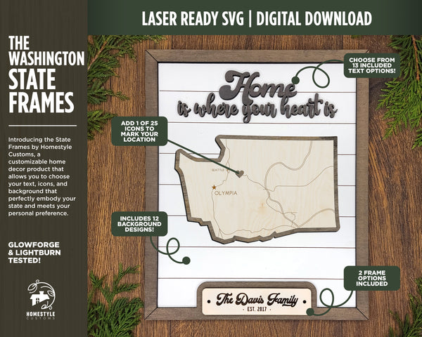 The Washington State Frame - 13 text options, 12 backgrounds, 25 icons Included - Make over 7,500 designs - Glowforge & Lightburn Tested