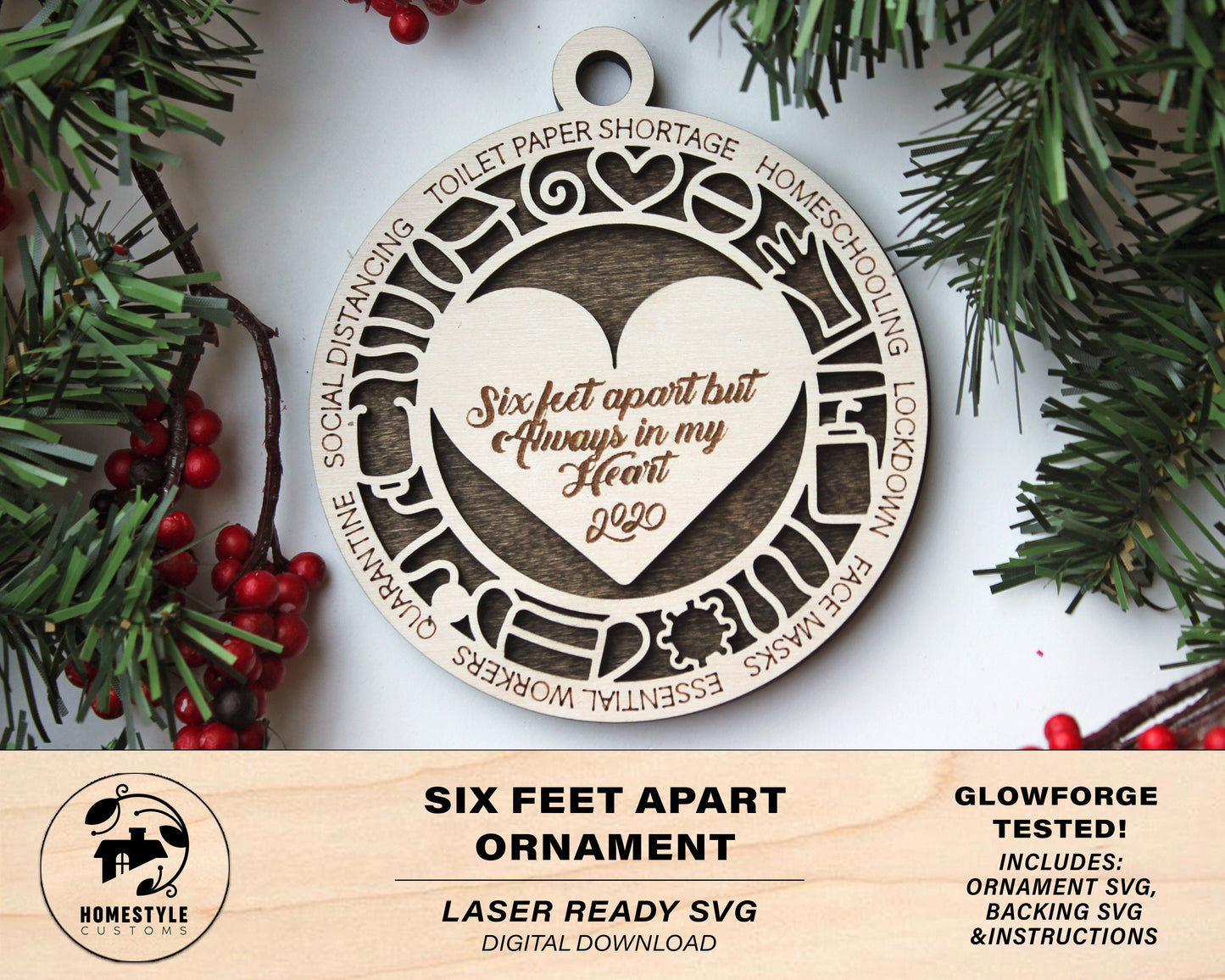 Six Feet Apart Ornament - SVG File Download - Sized for Glowforge - Christmas