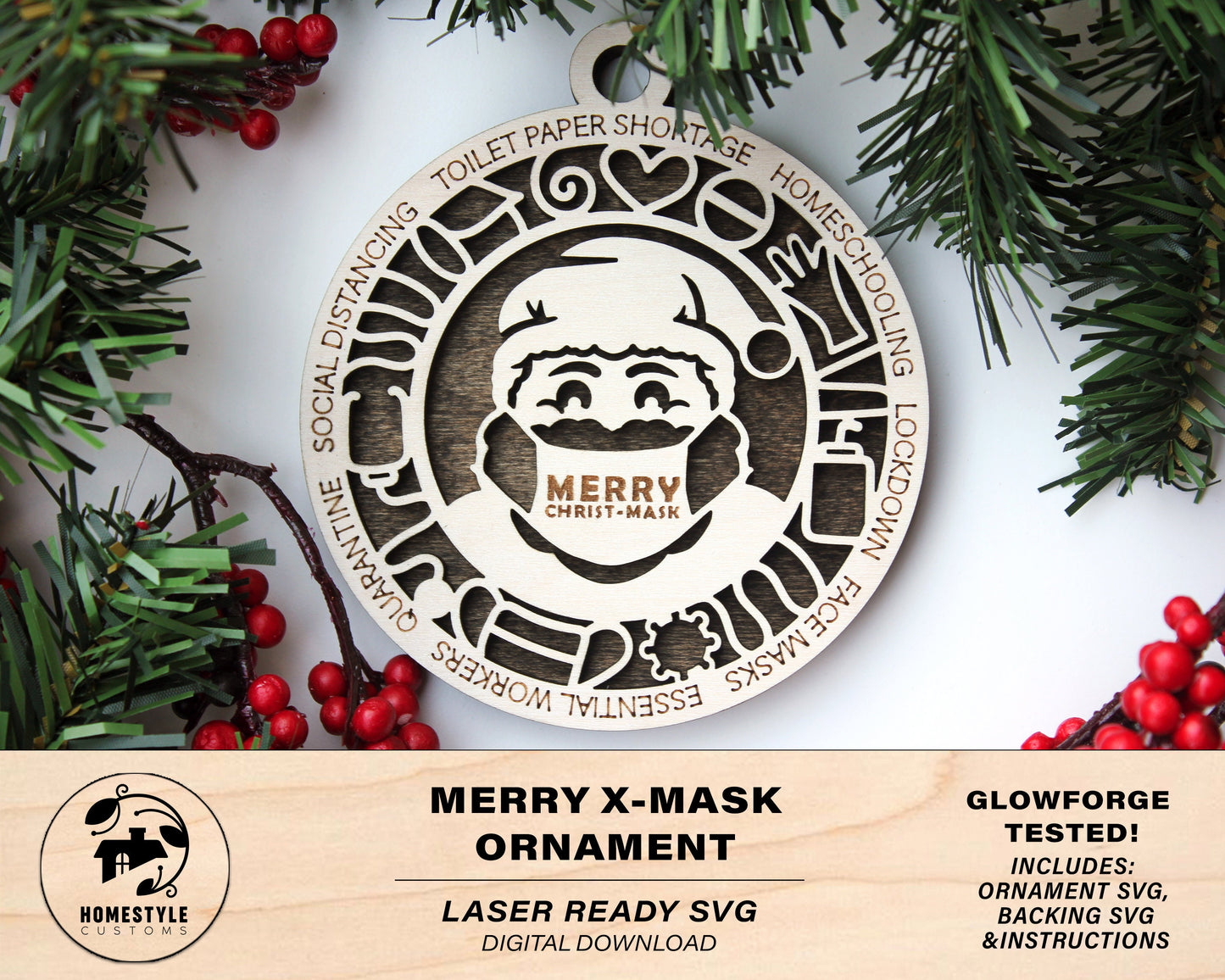 Merry X-Mask Ornament - SVG File Download - Sized for Glowforge - Christmas