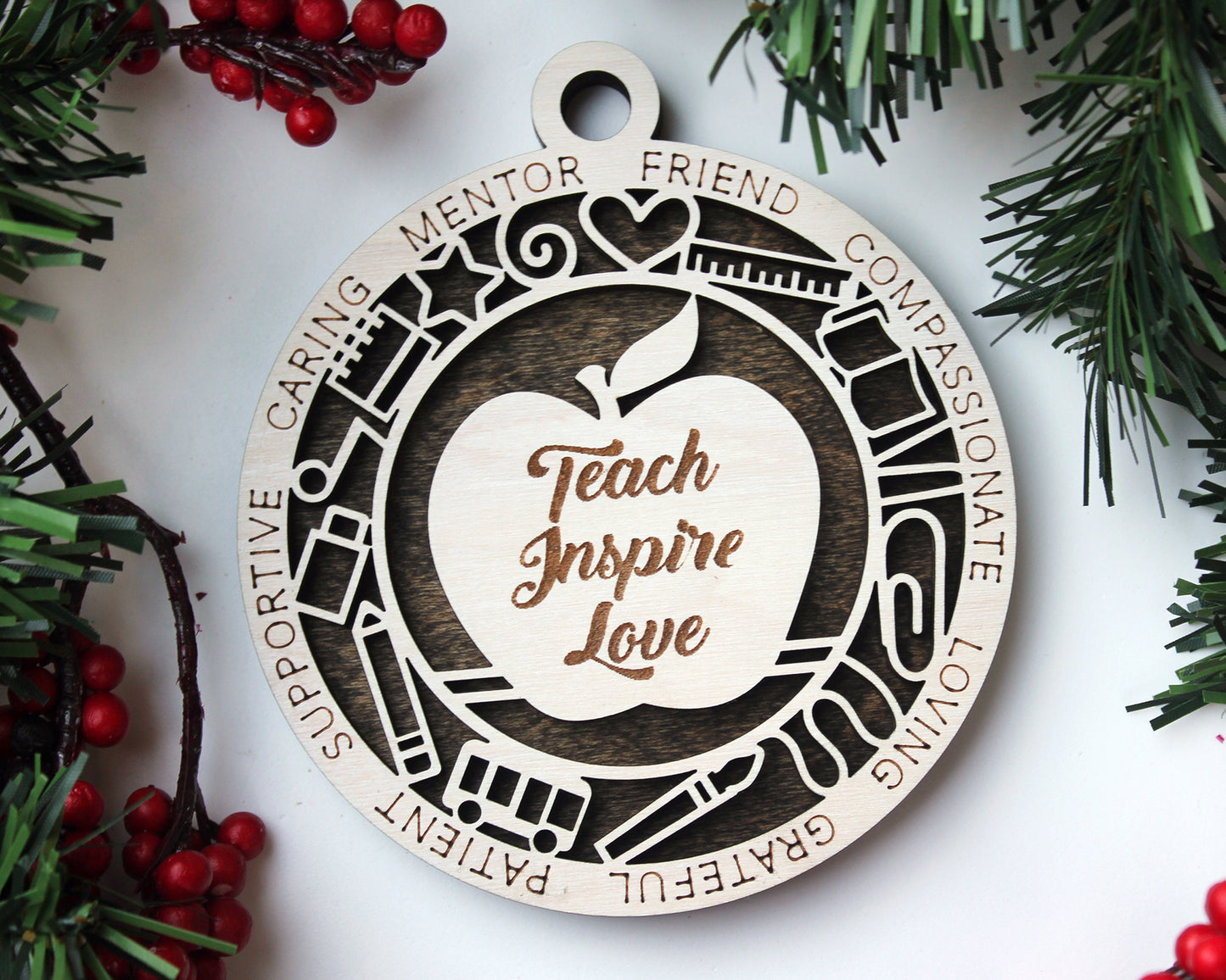 Teach, Inspire, Love School Teacher Ornament - SVG File Download - Sized for Glowforge - Christmas