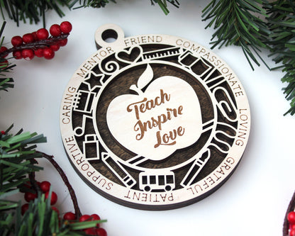 Teach, Inspire, Love School Teacher Ornament - SVG File Download - Sized for Glowforge - Christmas