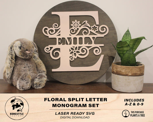 Floral Split Letter Monogram - SVG File Download - Sized for Glowforge - Customizable Monogram
