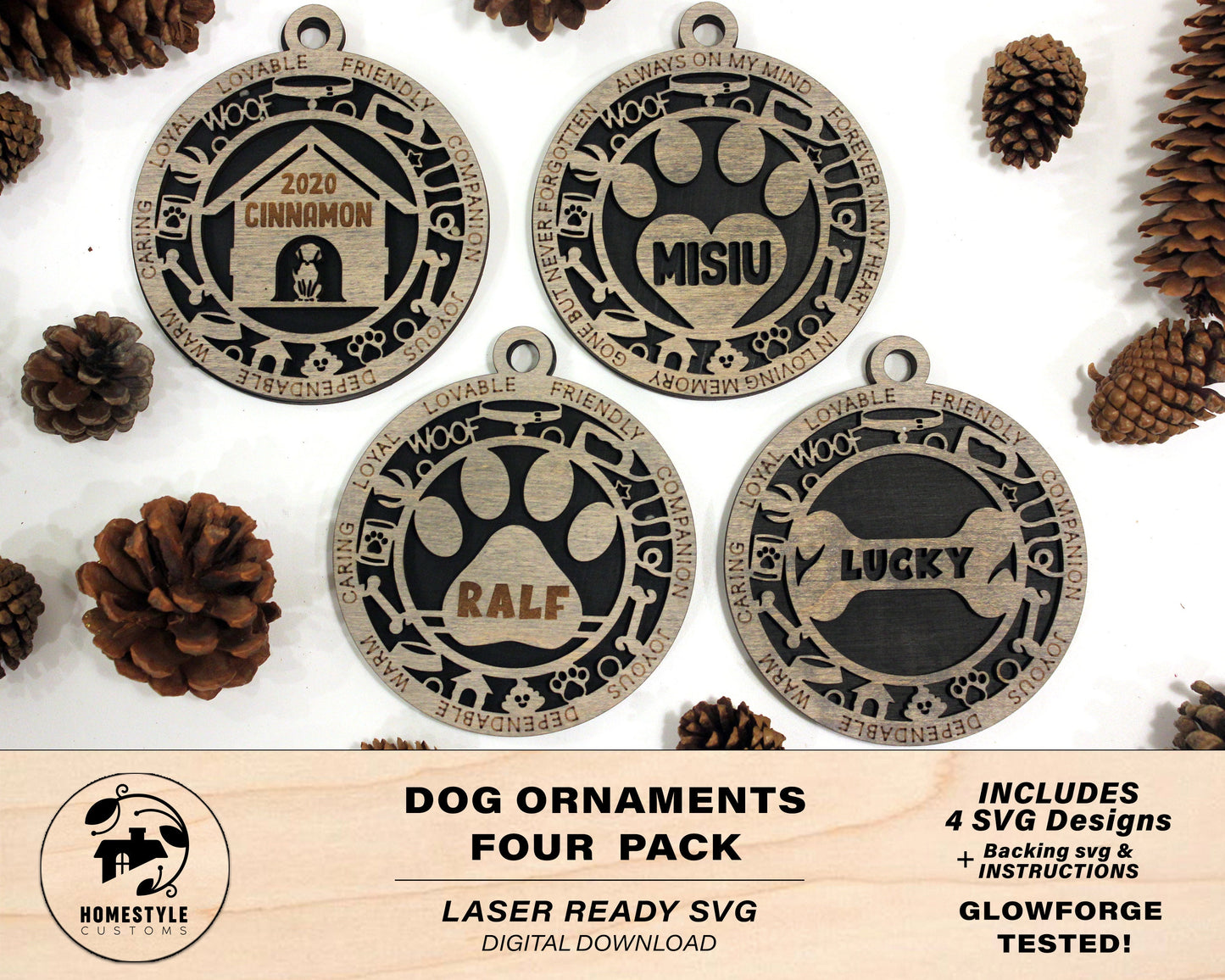 Dog Ornament Four Pack - SVG File Download - Sized & Tested for Glowforge - Christmas