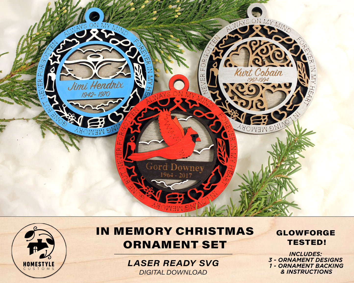 In Memory Ornament 3 Pack - SVG File Download - Sized & Tested for Glowforge - Christmas