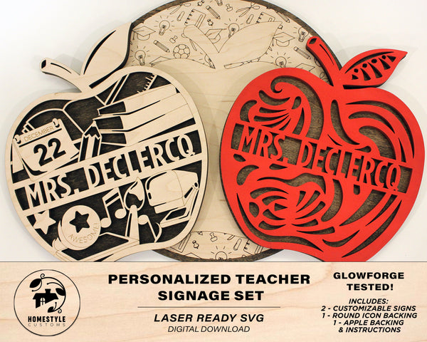Teacher Signage Set - Apple Shape - SVG File Download - Sized for Glowforge - Customizable Monogram