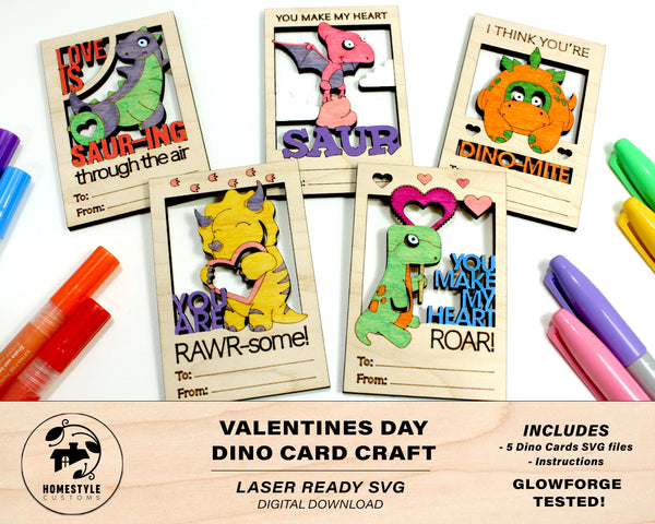 Valentines DIY Dinosaur Paint Card Craft - SVG File Download - Sized for Glowforge