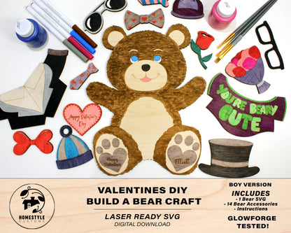 Valentines DIY Build a Bear Craft - Boy Version - SVG File Download - Sized for Glowforge