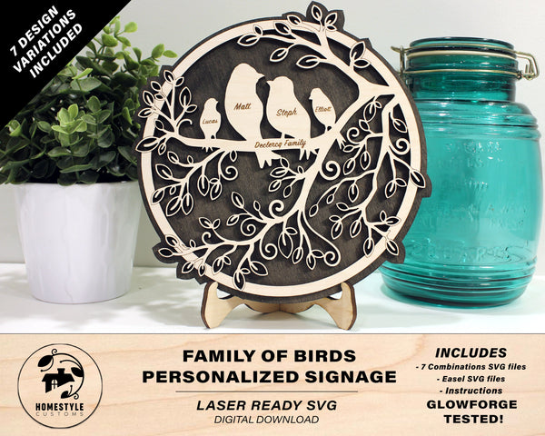 Family of Birds Personalized Decor Signage - SVG, PDF & AI File Download - Tested on Glowforge and Lightburn